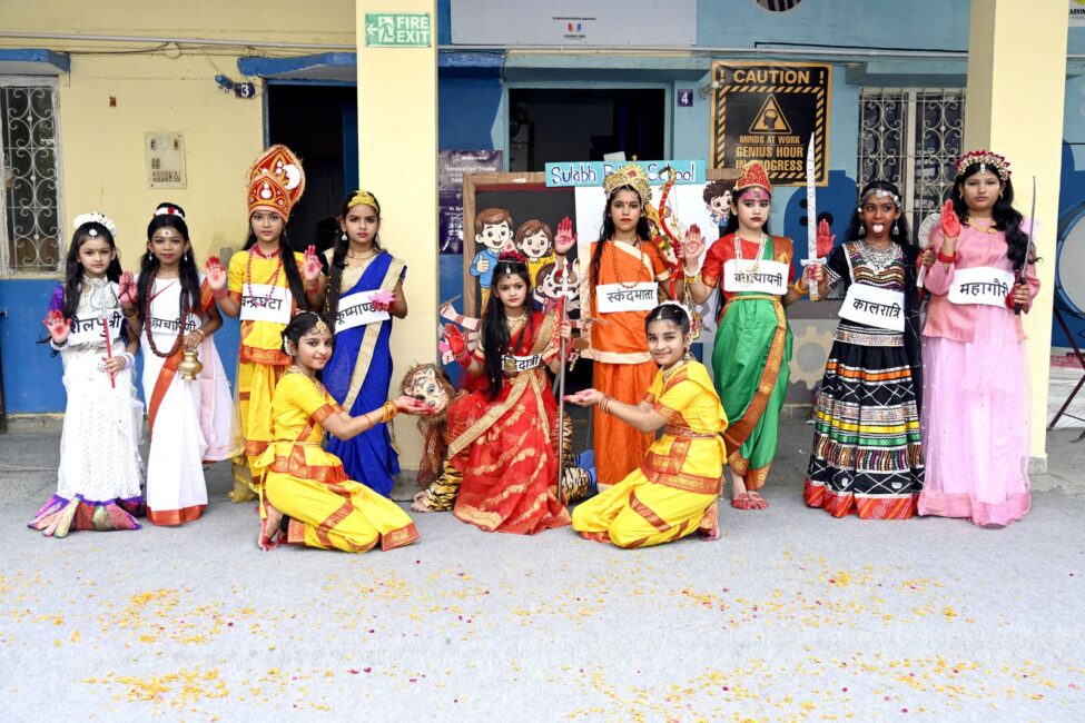 Students of Sulabh Public School dressed as the nine forms of Goddess Durga during the Navratri celebration