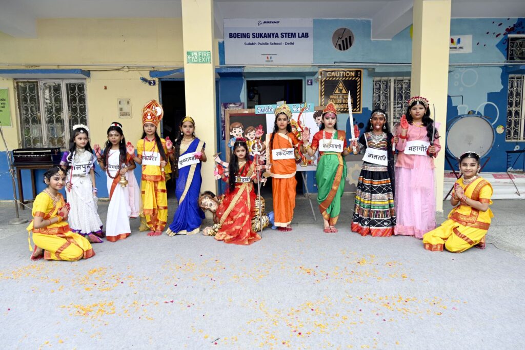 Navratri Dance Performance Navdurga Sulabh Public School Students in traditional dance costume with the Navdurga group at the Navratri celebration