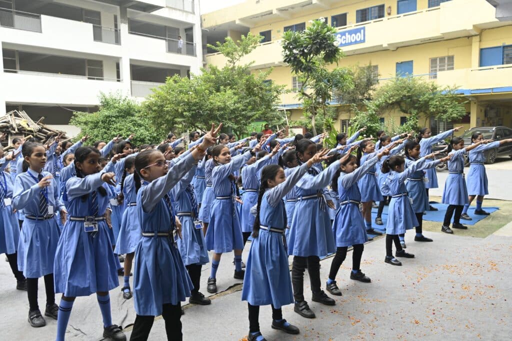 Self-Defense Training for Girl Students Sulabh Public School Delhi Girl students of Sulabh Public School practising a self-defense strike in the school courtyard